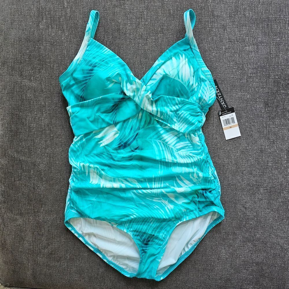 Jantzen Womens Ideal Teal Vacation Vibes Surplice One Piece Swimsuit Size 12